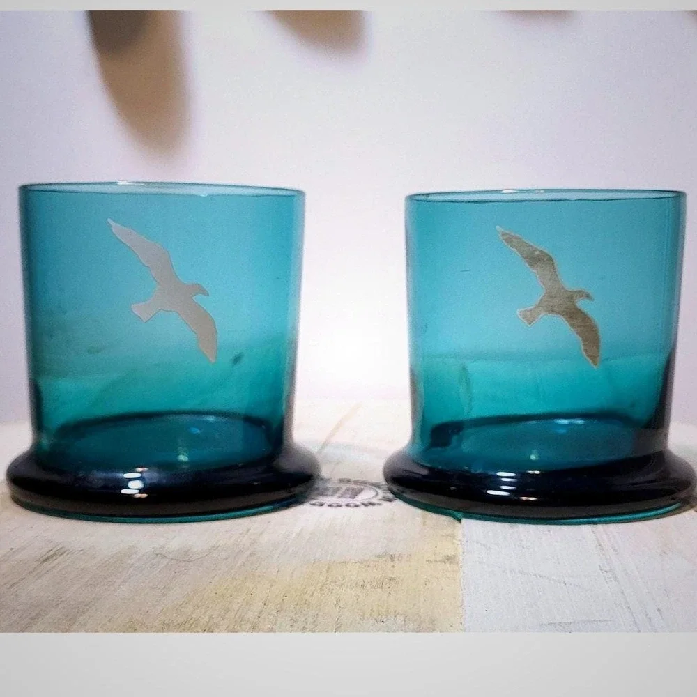 Vintage 1971 MCM South Coast Teal Blue Seagull Rocks Glasses - Pair of 2
